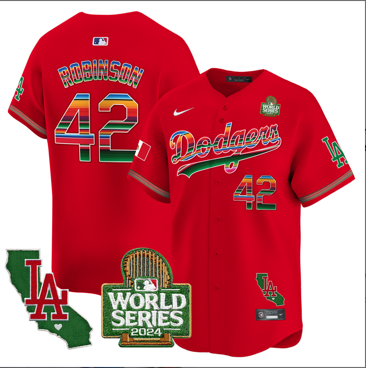 Men MLB Mexico Los Angeles Dodgers #42 Robinson red 2024 World Series Champions Patch Jersey 20241105